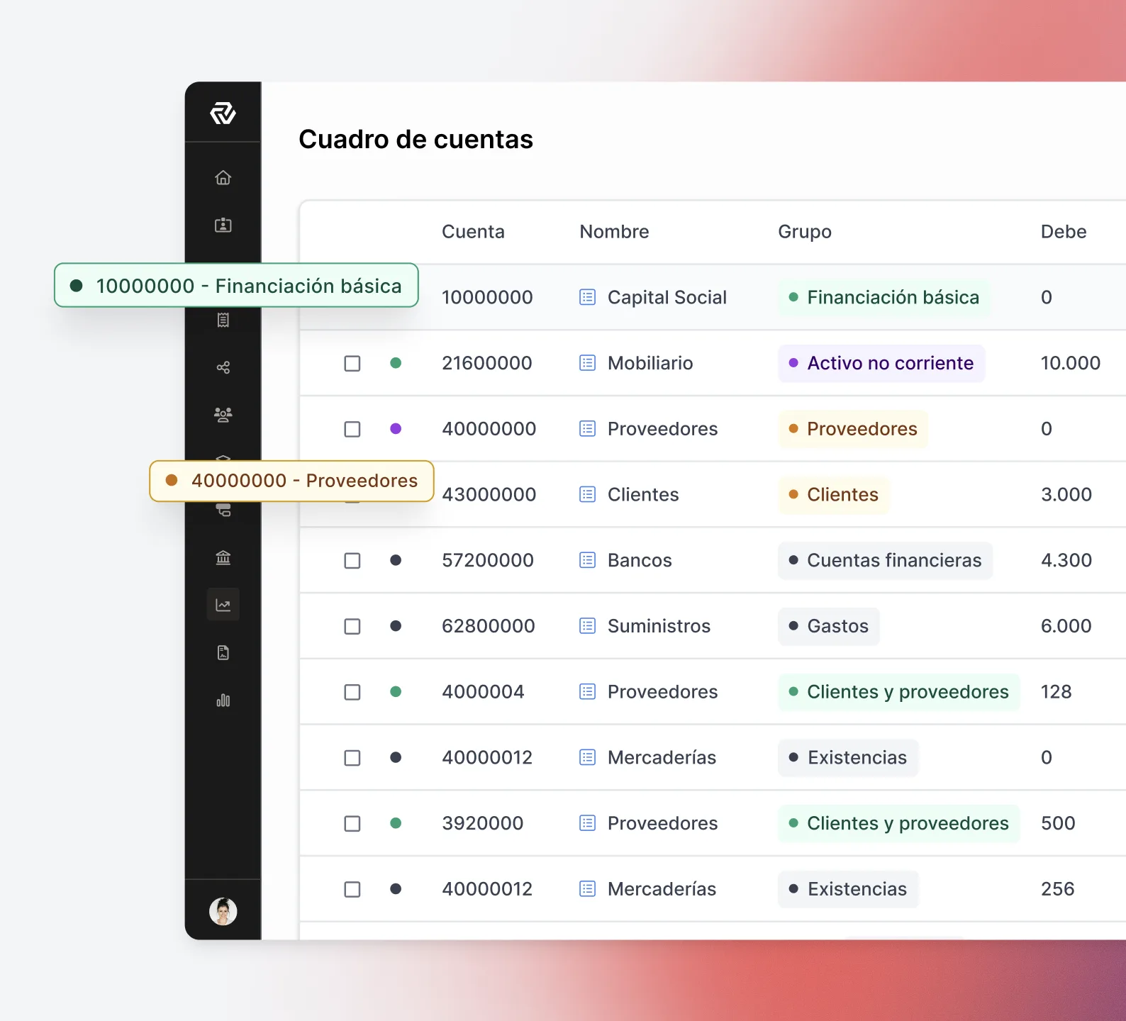Interfaz ilustrativa de un cuadro de cuentas con subcuentas y grupos contables
