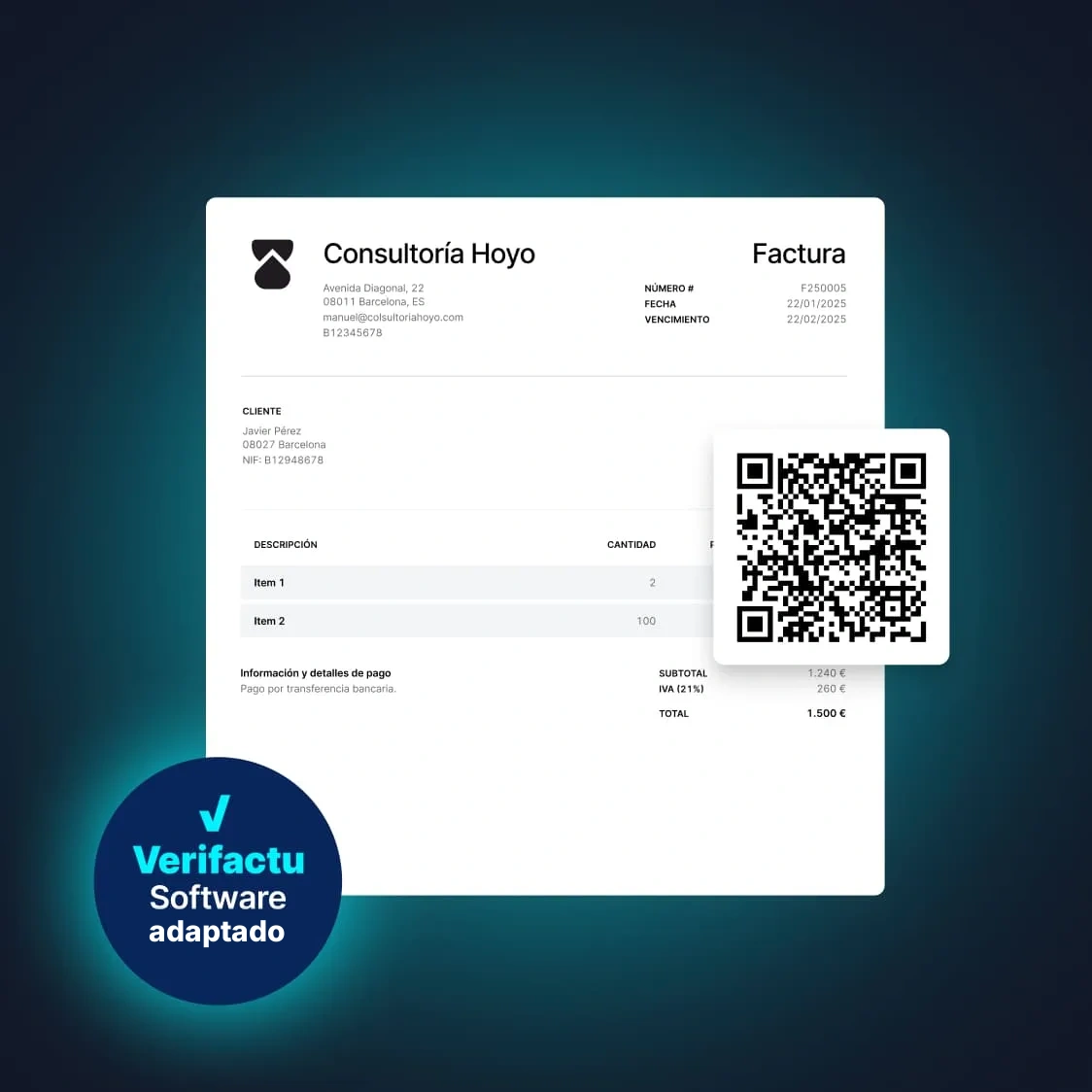 Factura electrónica con código QR y sello Verifactu